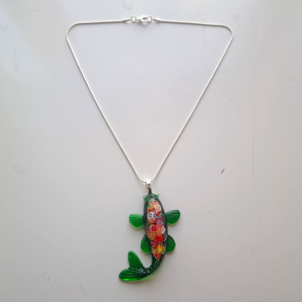 Resin Necklace kitsch Fruit green Fish pendant 🐟 Stirling silver handmade